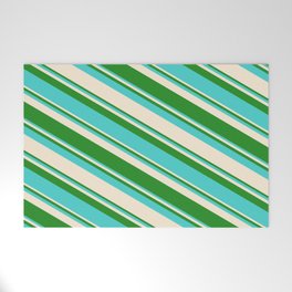 [ Thumbnail: Forest Green, Turquoise & Beige Colored Striped Pattern Welcome Mat ]