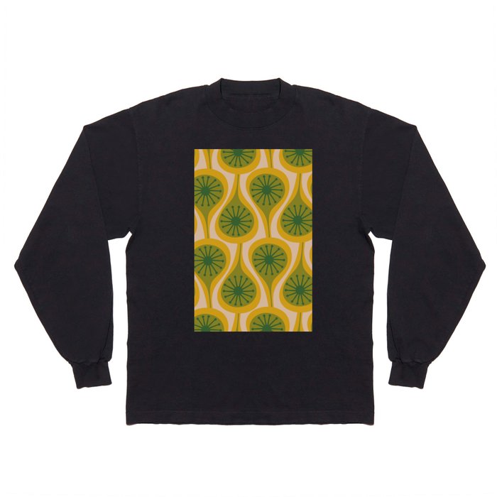 Mid Century Modern Atomic Drops Pattern Green Mustard Long Sleeve T Shirt