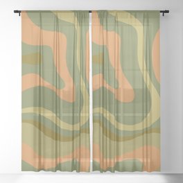Modern Retro Liquid Swirl Abstract Pattern Square in Vintage Olive Green and Cantaloupe Orange Sheer Curtain