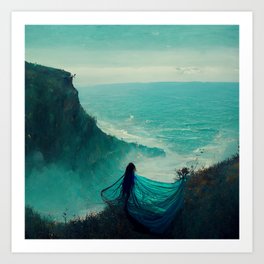 Woman on ocean cliff Art Print