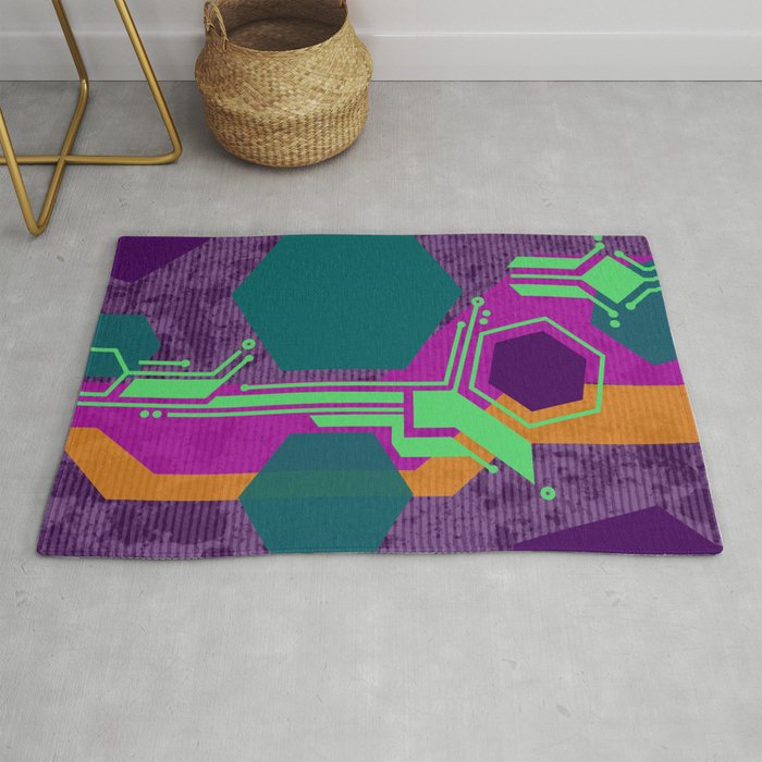 Colorful Cyberpunk Hexagon Circuit Board Rug