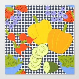 Modern Spring Fruits And Vegetables Salad Navy Dots Canvas Print