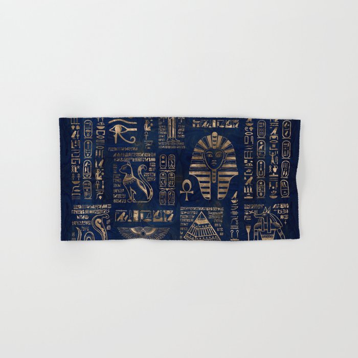 Egyptian hieroglyphs and deities-gold on blue marble Hand & Bath Towel