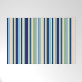 [ Thumbnail: Bisque, Dark Sea Green, Midnight Blue, and Sky Blue Colored Stripes Pattern Welcome Mat ]