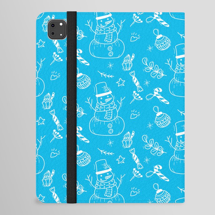 Turquoise and White Christmas Snowman Doodle Pattern iPad Folio Case