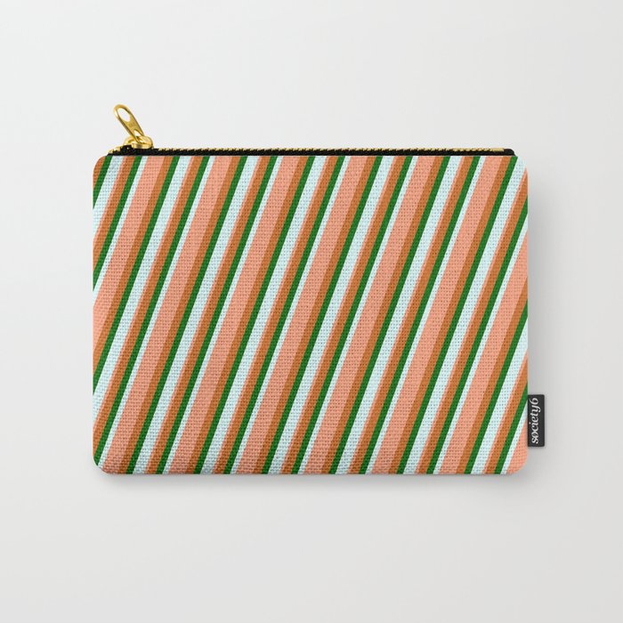 Chocolate, Dark Green, Light Cyan & Light Salmon Colored Lined/Striped Pattern Carry-All Pouch
