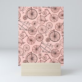 Monochroem Vintage Biycles On Coral Pink Mini Art Print