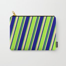[ Thumbnail: Light Green, Tan, Dark Blue & Sea Green Colored Striped Pattern Carry-All Pouch ]
