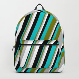 [ Thumbnail: Eye-catching Green, Grey, White, Black & Dark Turquoise Colored Pattern of Stripes Backpack ]
