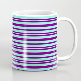 [ Thumbnail: Purple & Aquamarine Colored Pattern of Stripes Coffee Mug ]
