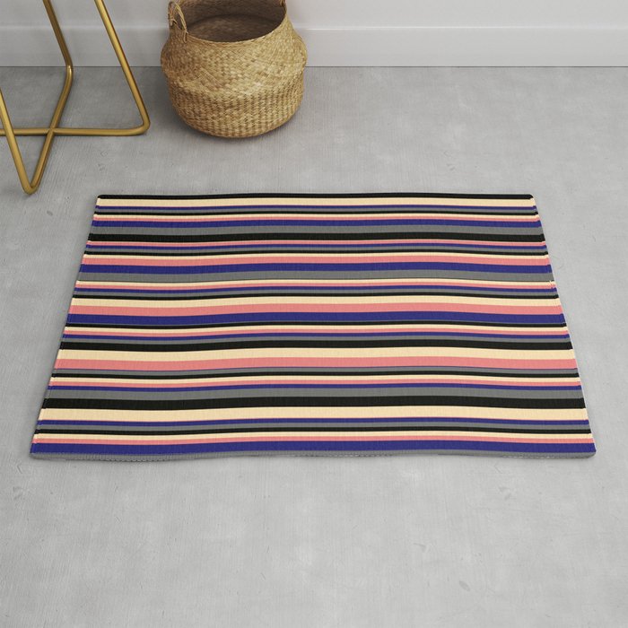 Vibrant Beige, Light Coral, Midnight Blue, Dim Gray, and Black Colored Pattern of Stripes Rug