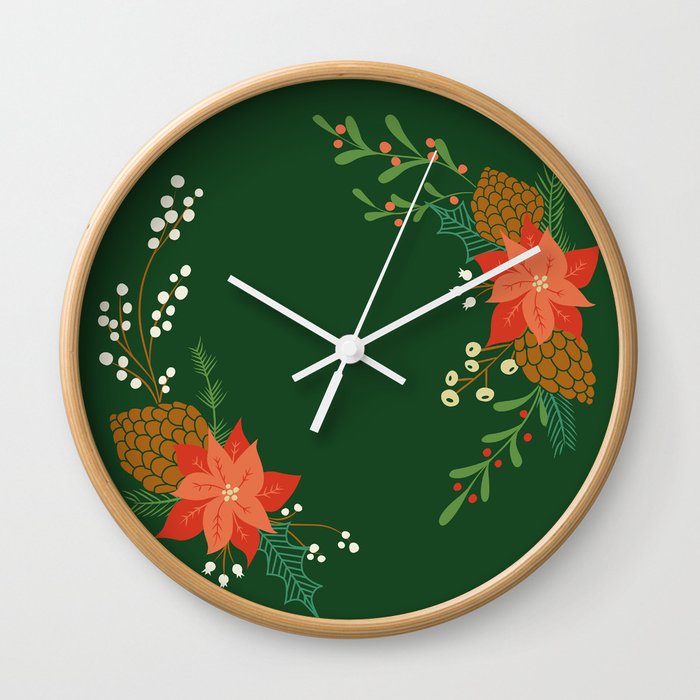 Winter Florals - Green Wall Clock