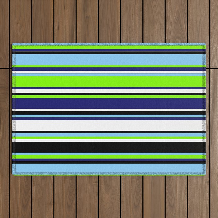 Colorful Light Sky Blue, Chartreuse, Midnight Blue, White & Black Colored Striped/Lined Pattern Outdoor Rug