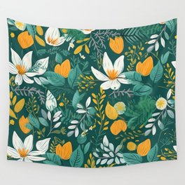 Dark green background White flower pattern design Wall Tapestry