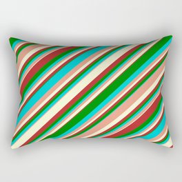 [ Thumbnail: Eyecatching Dark Turquoise, Dark Salmon, Light Yellow, Red & Green Colored Stripes Pattern Rectangular Pillow ]