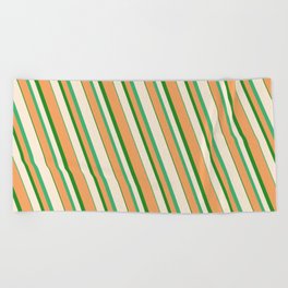 [ Thumbnail: Beige, Sea Green, Brown, and Forest Green Colored Striped/Lined Pattern Beach Towel ]