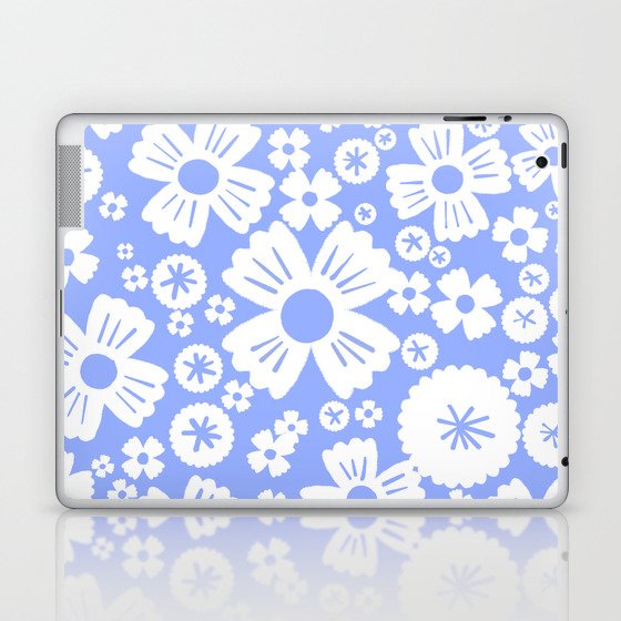 Modern Retro Light Denim Blue and White Daisy Flowers Laptop & iPad Skin