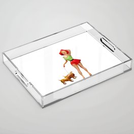 Sexy Blonde Pin Up With Green Dress Red Skirt And Two Dogs Acrylic Tray
