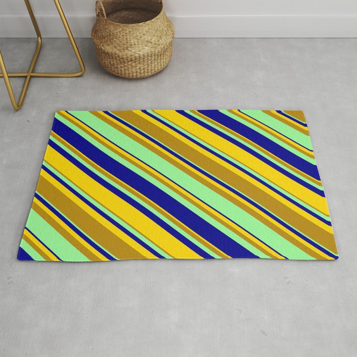 Yellow, Dark Goldenrod, Green & Dark Blue Colored Lined/Striped Pattern Rug