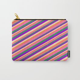 [ Thumbnail: Eyecatching Coral, Hot Pink, Sea Green, Dark Violet, and Tan Colored Pattern of Stripes Carry-All Pouch ]