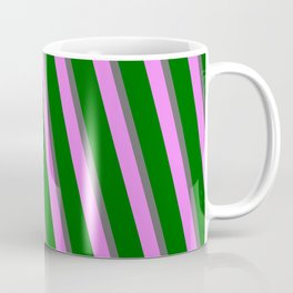 [ Thumbnail: Dim Grey, Violet, and Dark Green Colored Lines Pattern Coffee Mug ]