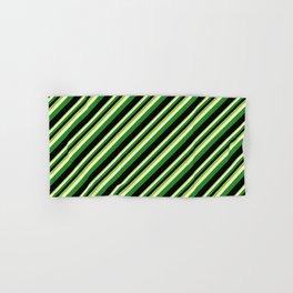 [ Thumbnail: Green, Light Yellow, Forest Green & Black Colored Stripes Pattern Hand & Bath Towel ]