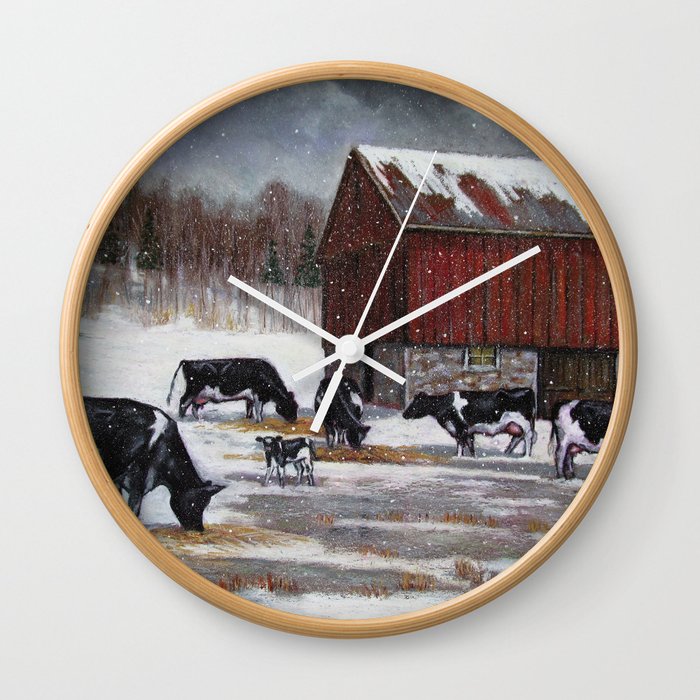 Holstein Dairy Cows in Snowy Barnyard; Winter Farm Scene No. 2 Wall Clock