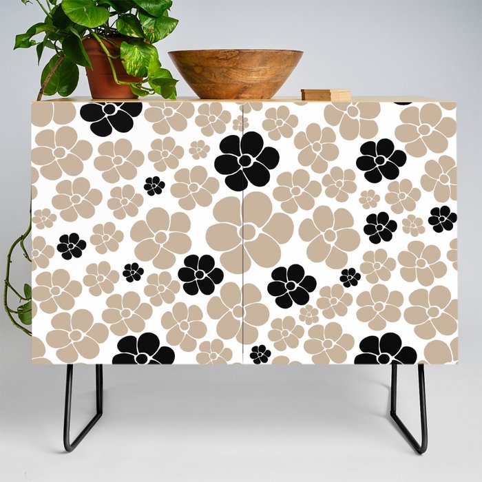Flower Pattern - Taupe, Black and White Credenza