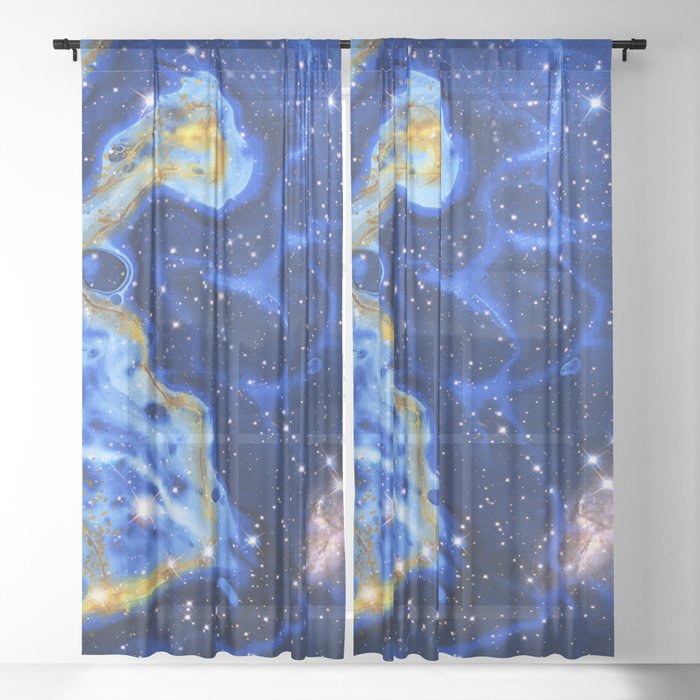 Neon marble space #4: blue, gold, stars Sheer Curtain