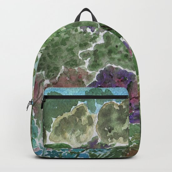 House in the garden . watercolor . Backpack