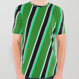 [ Thumbnail: Colorful Green, Forest Green, Light Cyan, Black & Grey Colored Lined Pattern All Over Graphic Tee ]