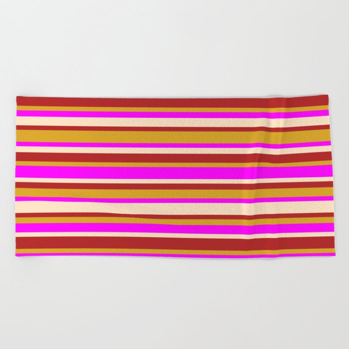 Fuchsia, Bisque, Red, and Goldenrod Colored Lined Pattern Beach Towel