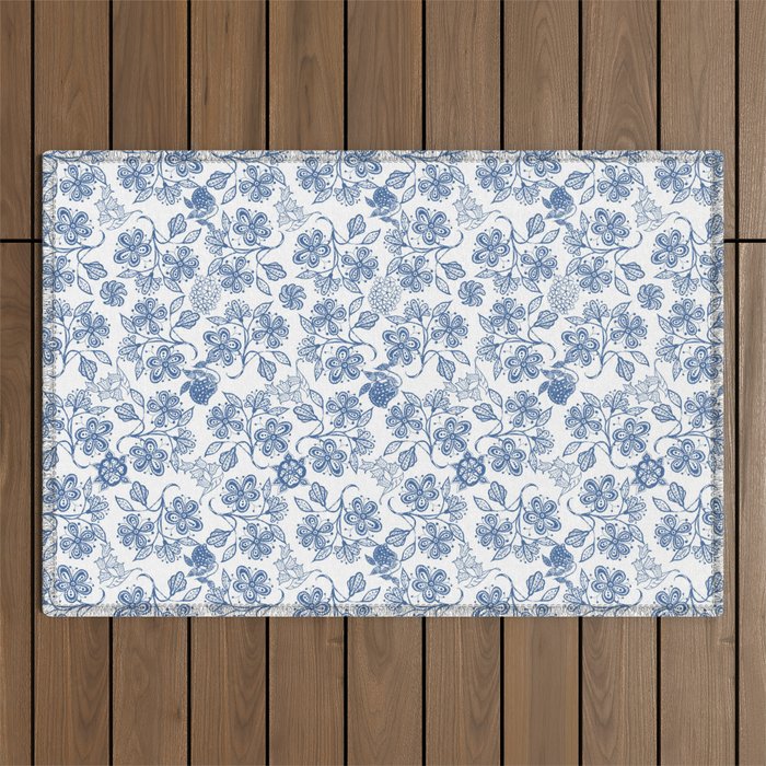 Pretty Indigo Blue and White Ethnic Floral Print Outdoor Rug