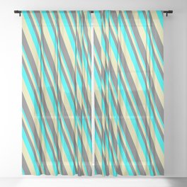 [ Thumbnail: Cyan, Pale Goldenrod & Dim Grey Colored Lines/Stripes Pattern Sheer Curtain ]