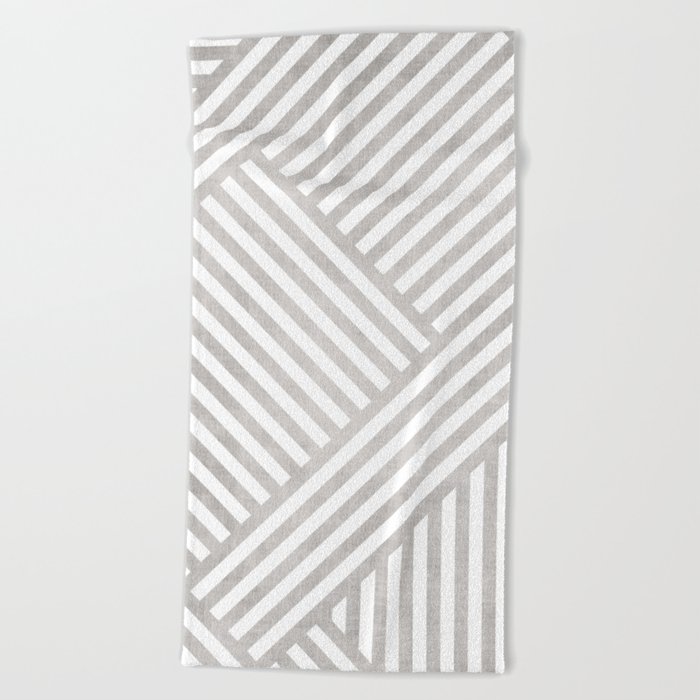 Modern Geometric Lines White Beige Linen Beach Towel