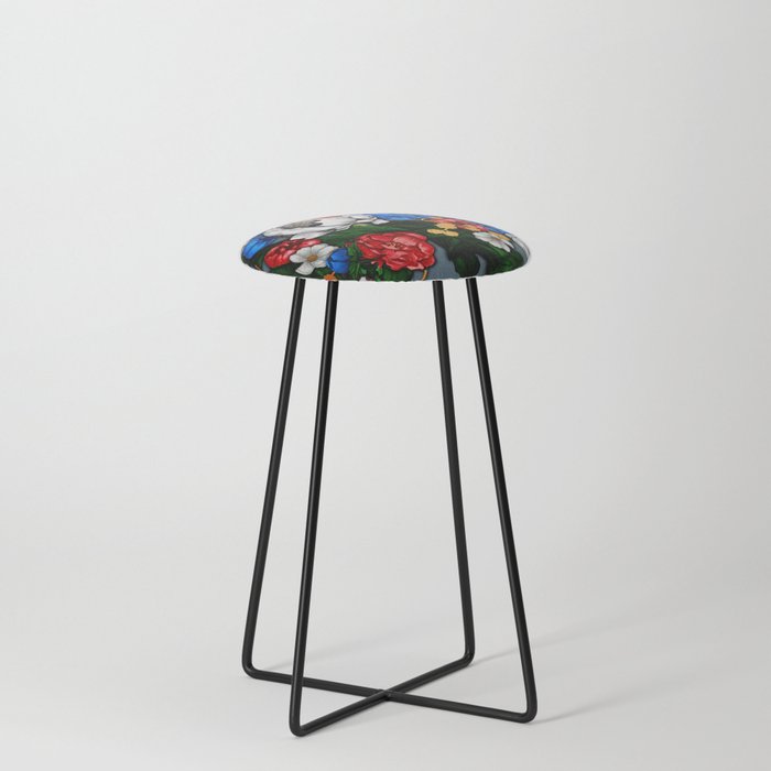 Red, White, and Blue Peony Flower Pattern Counter Stool