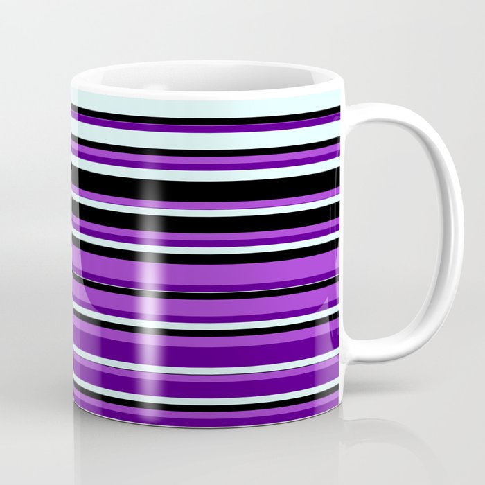Dark Orchid, Indigo, Light Cyan, and Black Colored Striped/Lined Pattern Coffee Mug