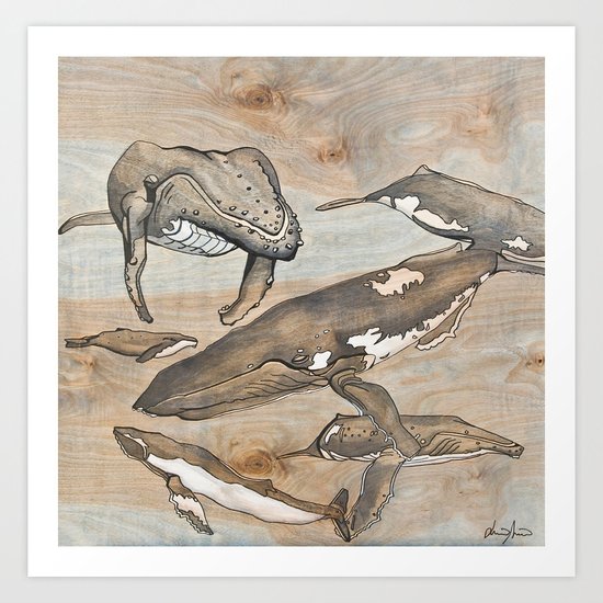 Whales. Ink and acrylic on birch. Art Print