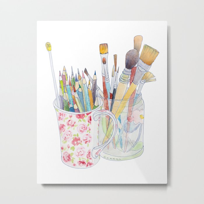 Art Tools: pencils and brushes (ink & watercolour) Metal Print
