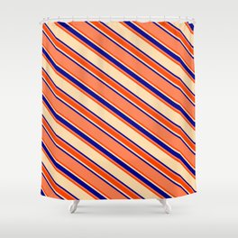 [ Thumbnail: Coral, Red, Tan, and Dark Blue Colored Lines/Stripes Pattern Shower Curtain ]