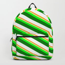 [ Thumbnail: Vibrant Orange, Pale Goldenrod, Lime, Green, and White Colored Stripes/Lines Pattern Backpack ]