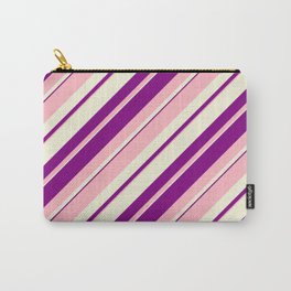 [ Thumbnail: Light Pink, Beige, and Purple Colored Lined/Striped Pattern Carry-All Pouch ]
