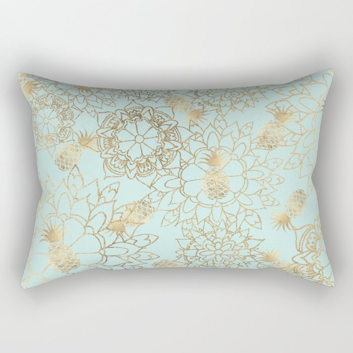 Modern teal faux gold pineapple floral illustration Rectangular Pillow