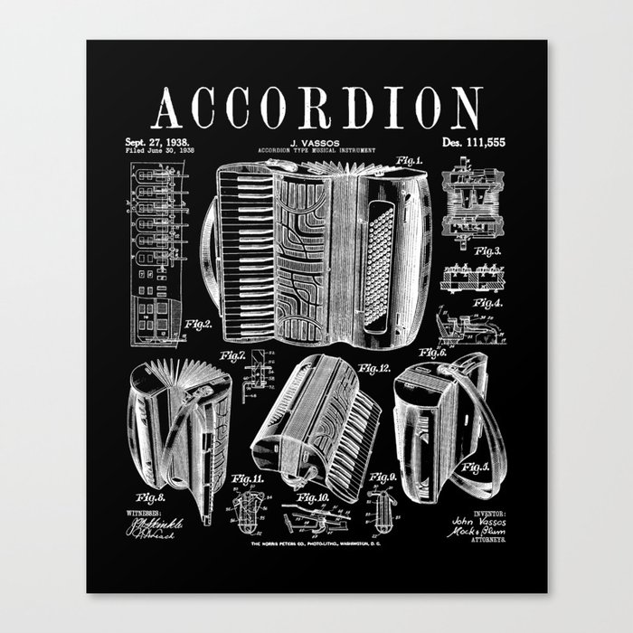 Accordion Player Accordionist Instrument Vintage Patent Canvas Print