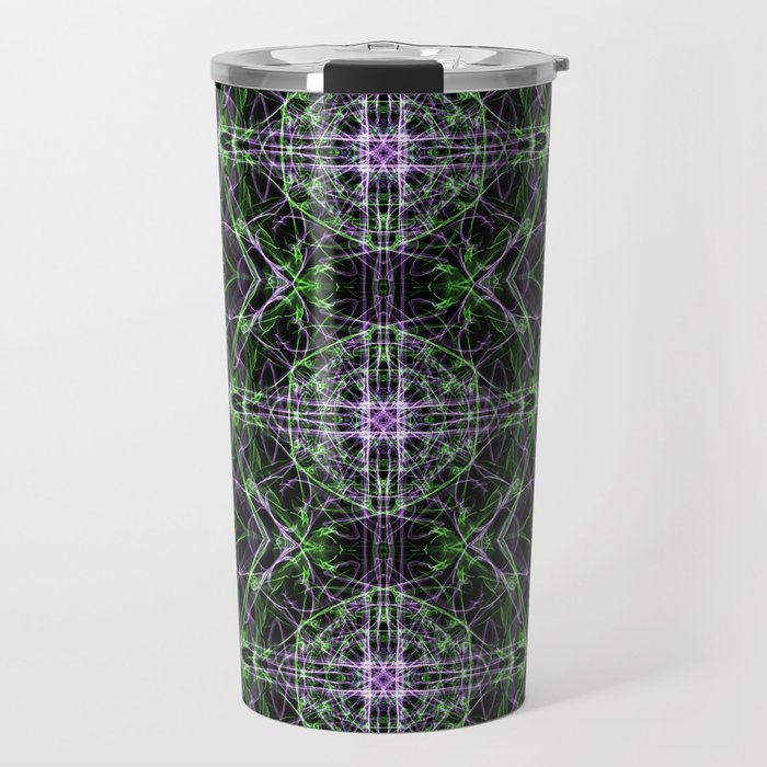 Liquid Light Series 76 ~ Green & Purple Abstract Fractal Pattern Travel Mug