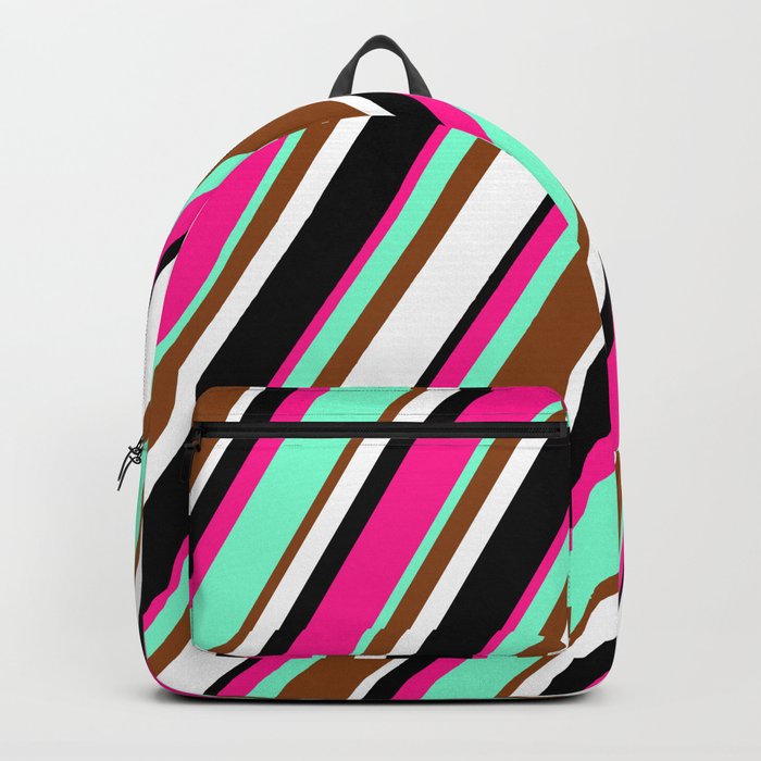 Vibrant Deep Pink, Aquamarine, Brown, White, and Black Colored Striped Pattern Backpack