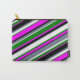 [ Thumbnail: Eyecatching Slate Gray, White, Green, Fuchsia, and Black Colored Striped Pattern Carry-All Pouch ]