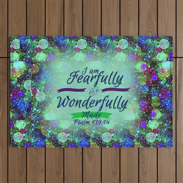 FEARFULLY AND WONDERFULLY MADE Floral Christian Typography God Bible Scripture Jesus Psalm Abstract Outdoor Rug