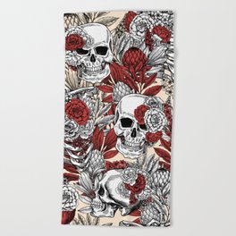 Skulls and Flowers Black Red White Beige Vintage Beach Towel