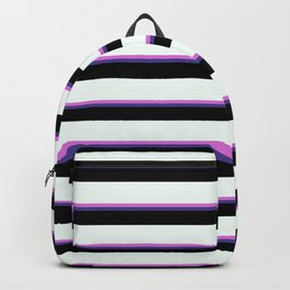 [ Thumbnail: Orchid, Dark Slate Blue, Black & Mint Cream Colored Lines/Stripes Pattern Backpack ]